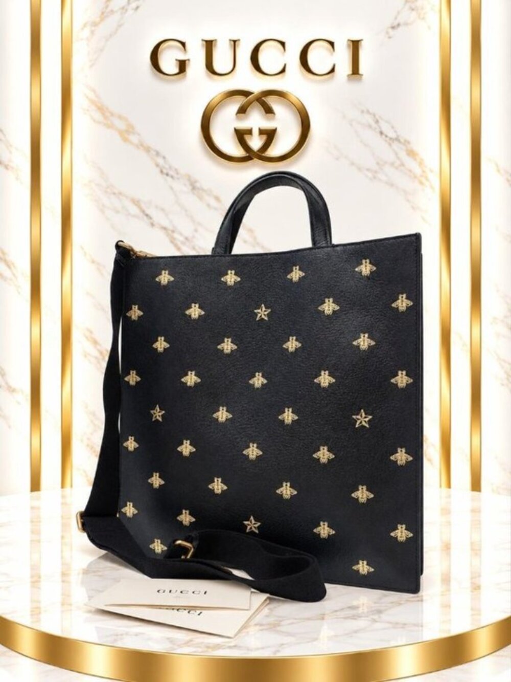 Authentic Gucci Bee Star Black Leather Tote Bag Gold Embroidered Crossbody